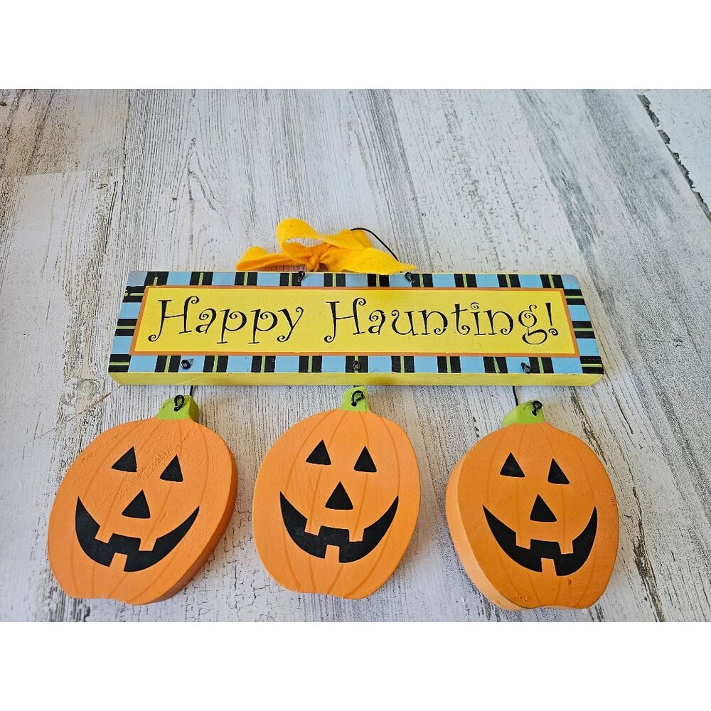 Wooden happy haunting pumpkin sign Halloween decor country folk art